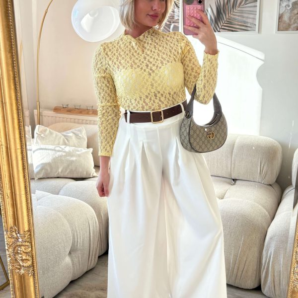 Pantalon fluide patte d'éléphant Blanc avec ceinture